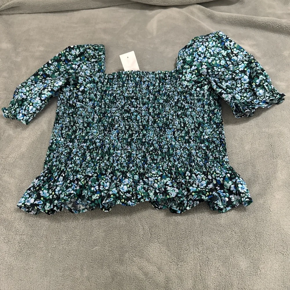 J. Crew Navy Blue & Green Floral Smocked Puff-Sleeve Top